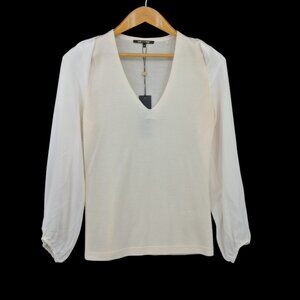 Kobi Halperin Wool Silk Trim V-Neck‎ Puff Sleeve Sweater White Small NWT